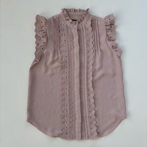 Ann Taylor Dusty Pink Ruffle Neck Pleated Front Sleeveless Eyelet Blouse Size XS
